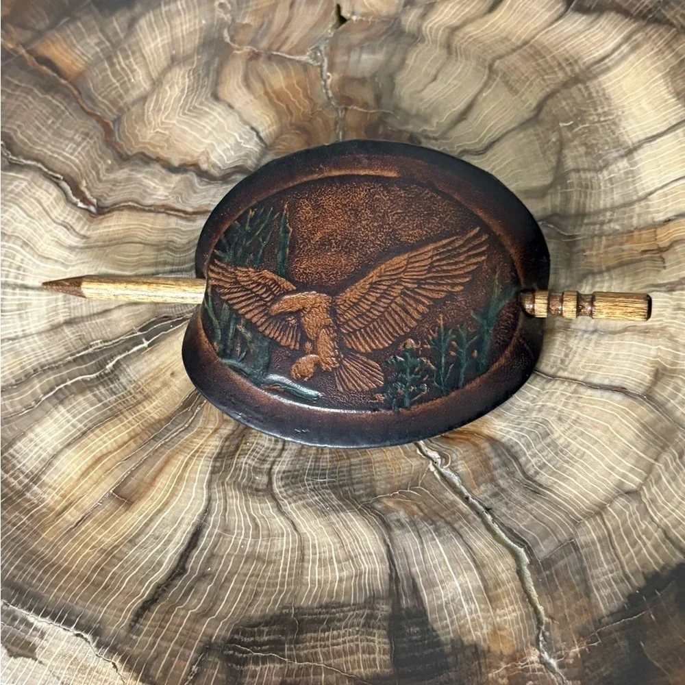 Handcrafted Leather Hair Clip with Embossed Eagle and Engraved Wooden Hair Stick